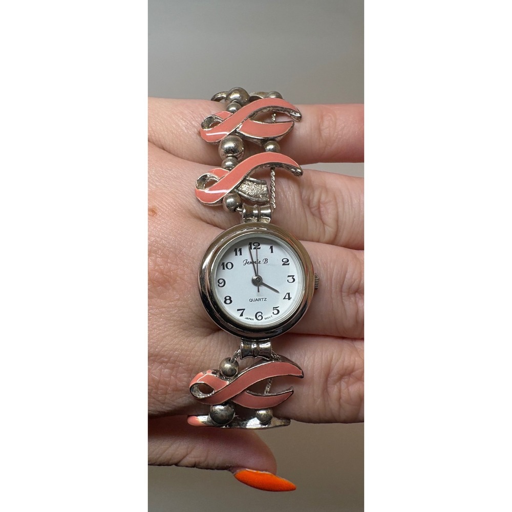 Jennie B Women Silver Pink Enamel Awareness Ribbon Quartz Bracelet Watch